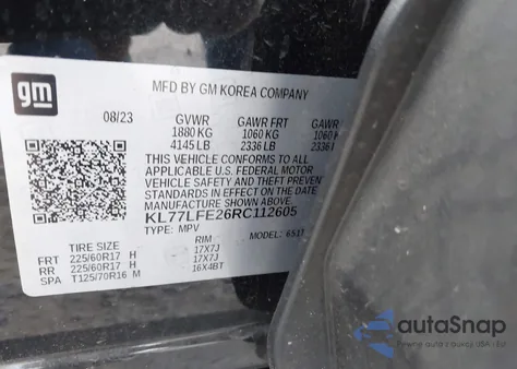 2024 Chevrolet Trax Fwd Sp z USA, uszkodzony, nr VIN KL77LFE26RC112605